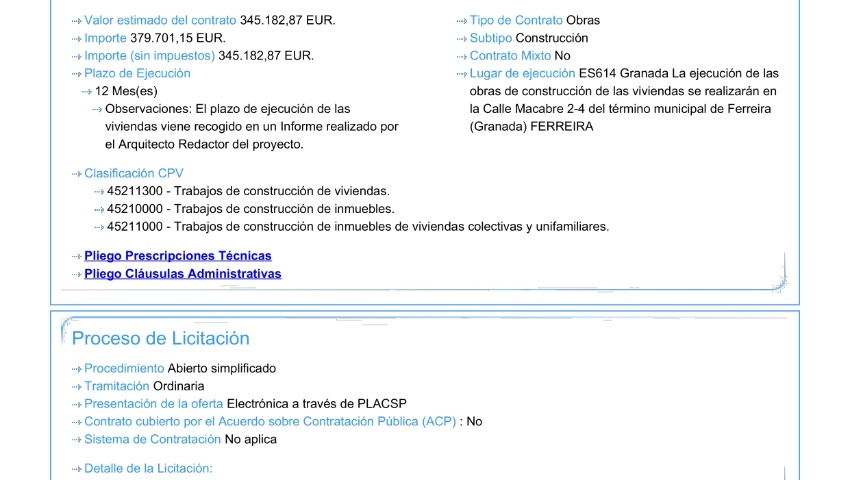 EL AYUNTAMIENTO DE FERREIRA SACA A LICITACIÓN EL CONTRATO PARA LA CONSTRUCCIÓN DE TRES VIVIENDAS DE PROTECCIÓN OFICIAL
