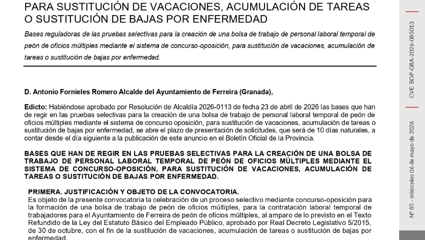 ABIERTO EL PLAZO DE SOLICITUD PARA BOLSA DE TRABAJO DE OPERARIO DE OFICIOS MÚLTIPLES