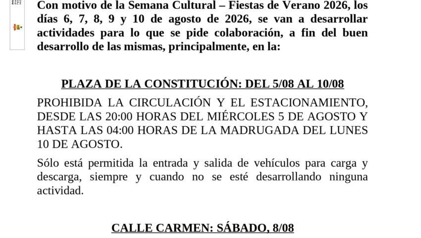 La Plaza de la Constitución y la calle Carmen sufrirán restricciones de tráfico y prohibiciones de aparcamiento durante la Semana Cultural 2026 La Plaza de la Constitución y la calle Carmen sufrirán restricciones de tráfico y prohibiciones de aparcamiento durante la Semana Cultural 2026