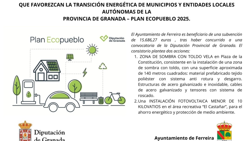 El Ayuntamiento, beneficiario de 15.686,27 euros del Plan Eco Pueblo de la Diputación de Granada