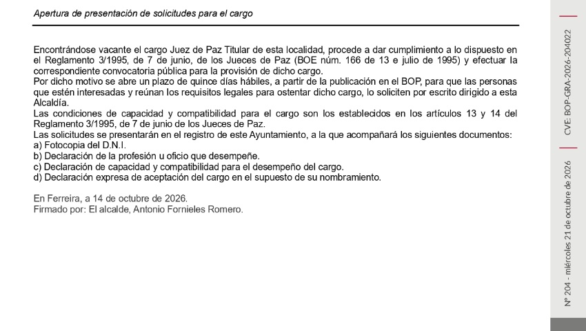 Apertura de presentación de solicitudes para el cargo: Hasta el 12 de noviembre, incluido.
