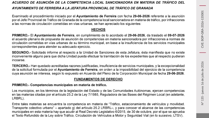 LA JEFATURA PROVINICAL DE TRÁFICO DE GRANADA ASUME LA COMPETENCIA DE TRÁFICO EN FERREIRA