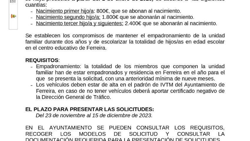 El Ayuntamiento de Ferreira convoca las Ayuas por nacimiento 2023 El Ayuntamiento de Ferreira convoca las Ayuas por nacimiento 2023